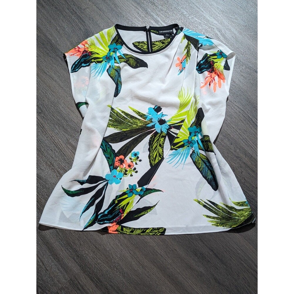 Liz Claiborne Career White Bright Floral Sleeveless Dressy Summer Blouse Small